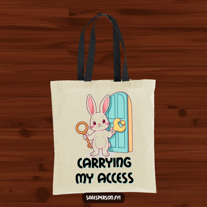 Funny tote bag featuring a rabbit with a giant key pointing to a door, great for shopping and everyday use, a funny gift.