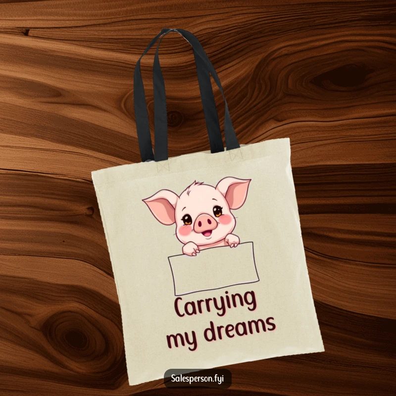 Funny Tote Bag depicting a curious piglet pointing towards a banner with a hopeful look, perfect for carrying items with charm.