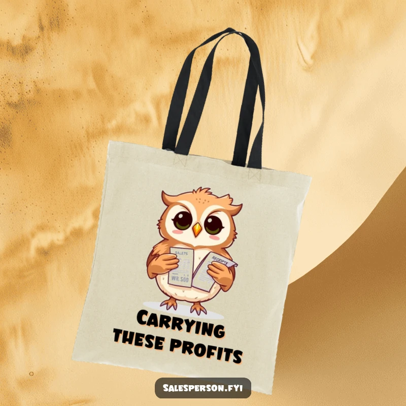 Funny owl tote bag featuring a proud bird balancing a stack of sales receipts, ideal for carrying essentials.
