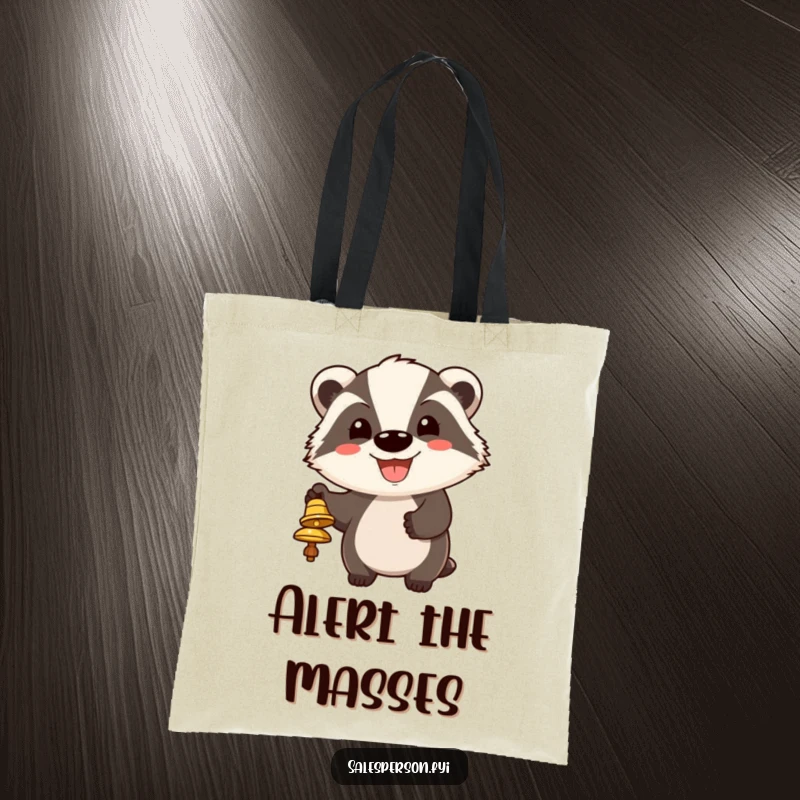 Funny tote bag featuring a happy badger ringing a bell, its big grin radiating cheerful attention-seeking vibes.