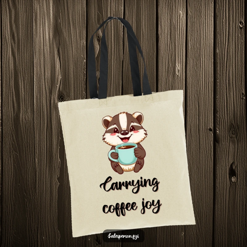 Funny tote bag featuring a jovial badger with a welcoming smile, offering a steaming cup of coffee, ready for errands.