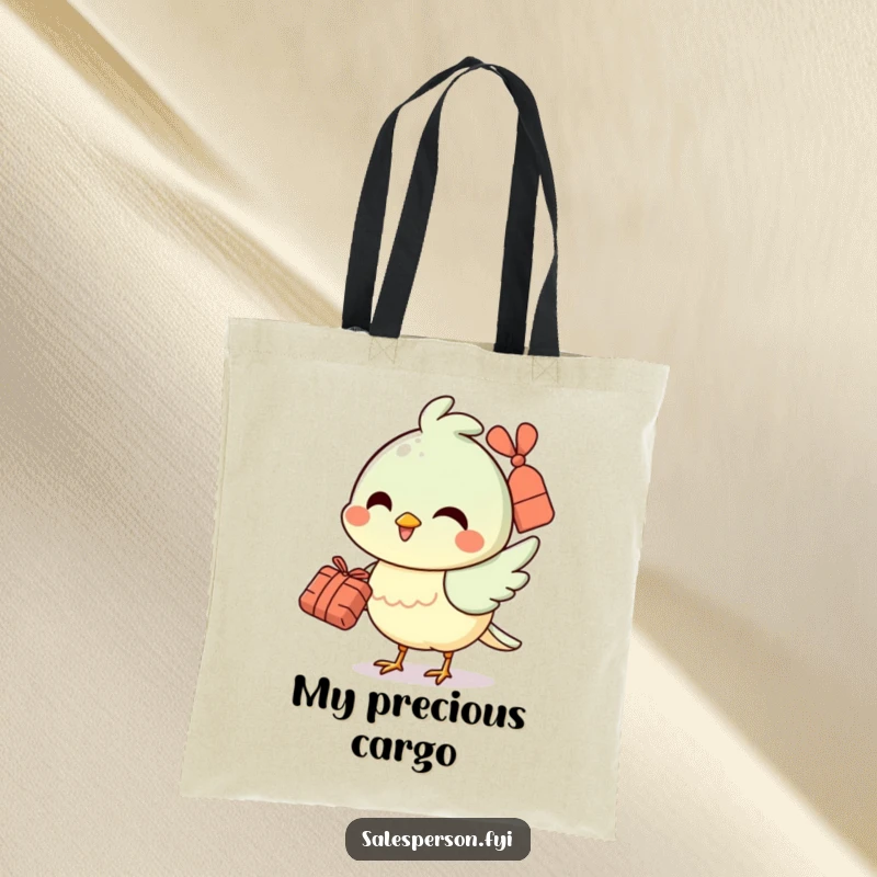 Funny tote bag with a cheerful bird smiling and holding a small bundle, perfect for carrying essentials.
