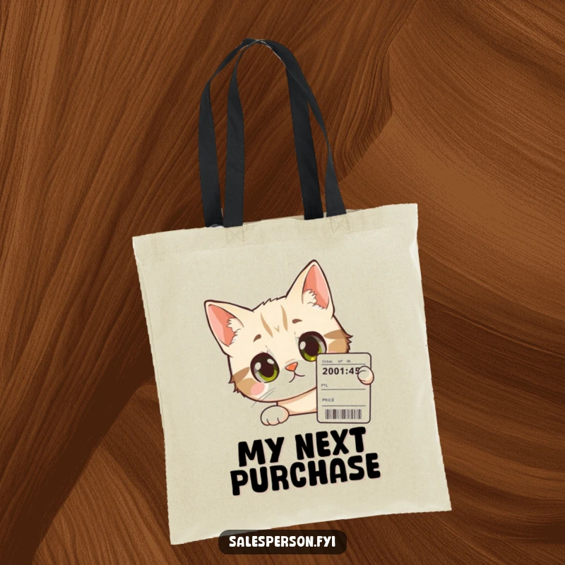 Funny Cat Tote Bag: A curious cat with wide eyes peers at a price tag, ideal for witty shoppers.