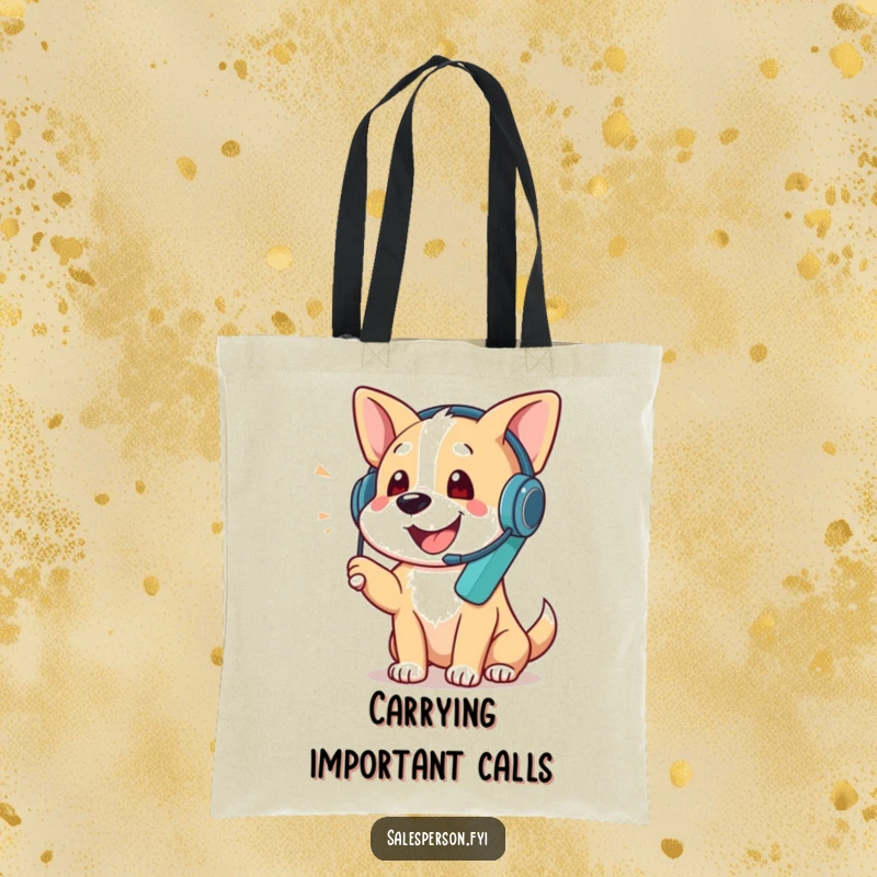 Funny tote bag featuring a dog wearing a headset and talking on the phone, great for shopping and everyday use, a funny gift.