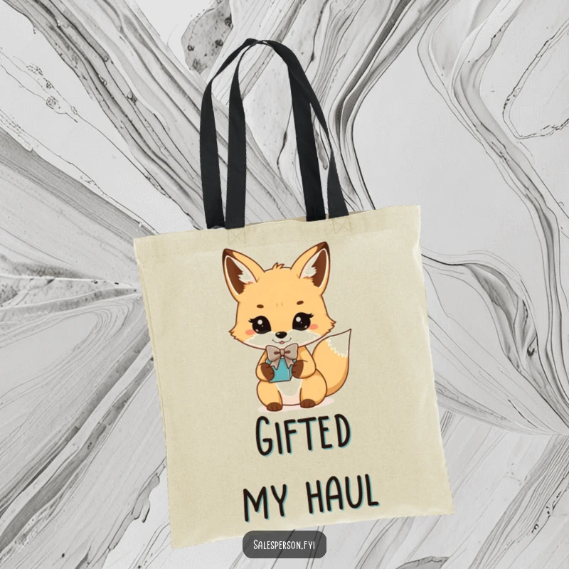 Funny Fox Bowtie Gift Tote Bag: Playful fox in a bowtie presenting a gift, stylish accessory.