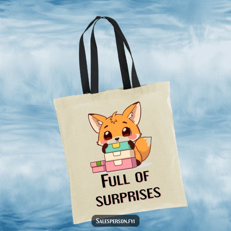 Funny fox tote bag showing a surprised fox with wide eyes looking at a stack of colorful gift boxes. A whimsical and practical accessory.