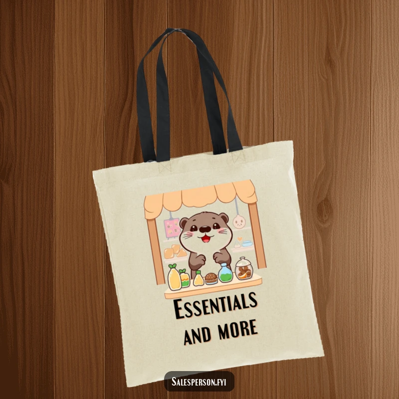 Funny Otter Tote Bag: Cheerful otter gesturing widely towards tempting items, ideal for fun shopping trips.