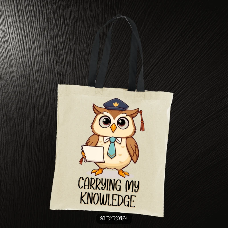 Funny tote bag with a proud owl in a tie holding a diploma scroll, perfect for carrying books and essentials with academic humor.