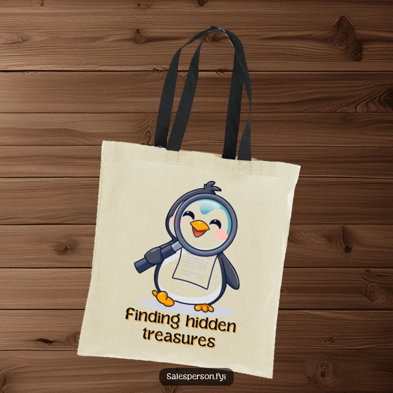 Funny tote bag with a joyful penguin examining a document using a large magnifying glass, perfect for carrying essentials with investigative humor.