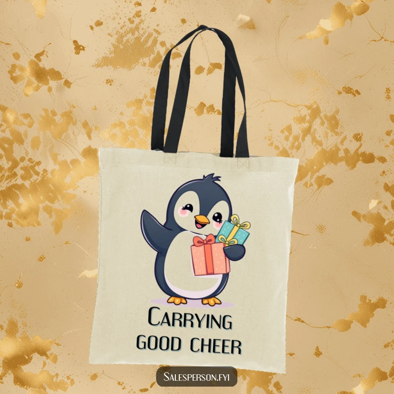 Funny penguin tote bag depicting a cheerful bird offering a wrapped gift, perfect for carrying presents humorously. Cute gift.