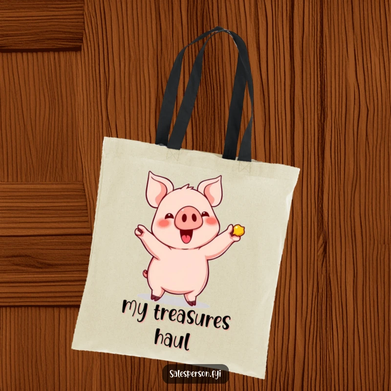 Funny Pig's Shiny Find Tote Bag: Cute pig enthusiastically showing off a shiny item, stylish accessory.