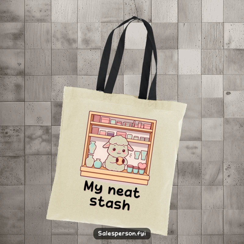 Funny content sheep neatly arranging items on a shelf on a tote bag, perfect for organizers, a funny gift.