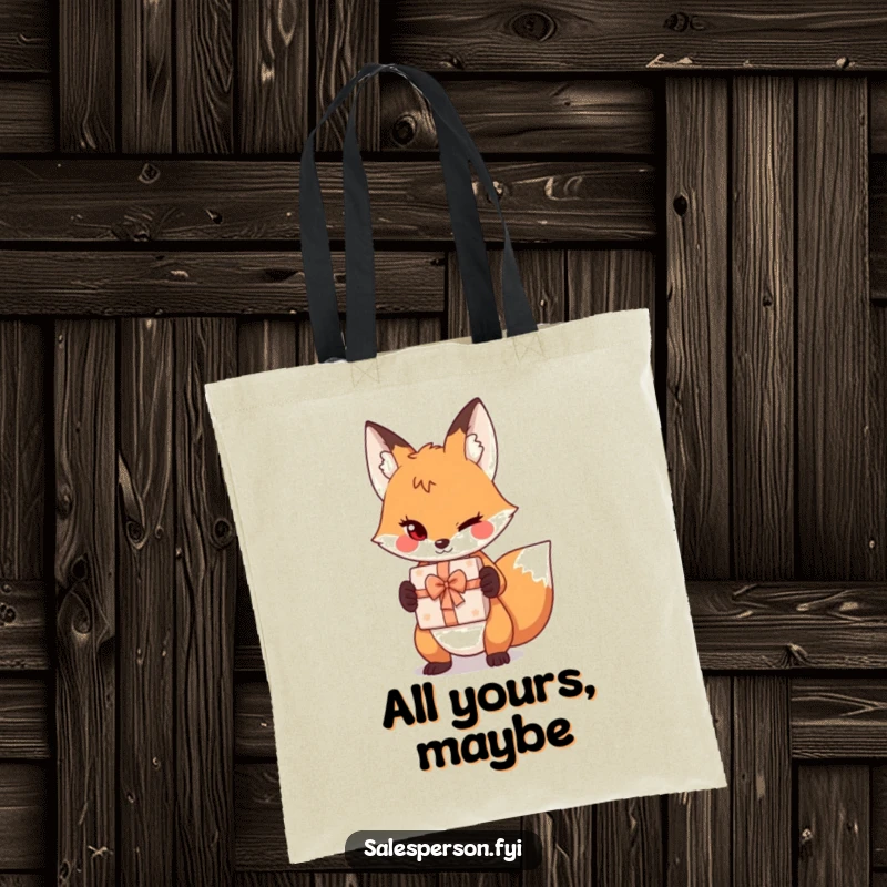 Funny sly fox tote bag illustration, showing a playful wink and a gift box, perfect for humorous, practical use.