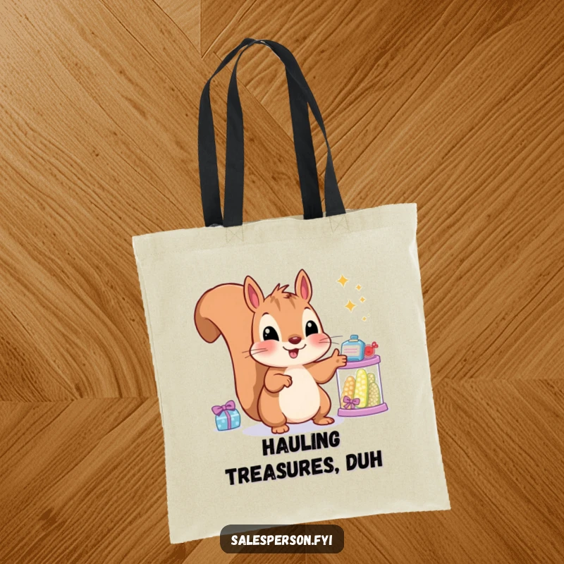 Funny squirrel tote bag featuring a smiling rodent gesturing towards sparkling goods, ideal for carrying essentials.