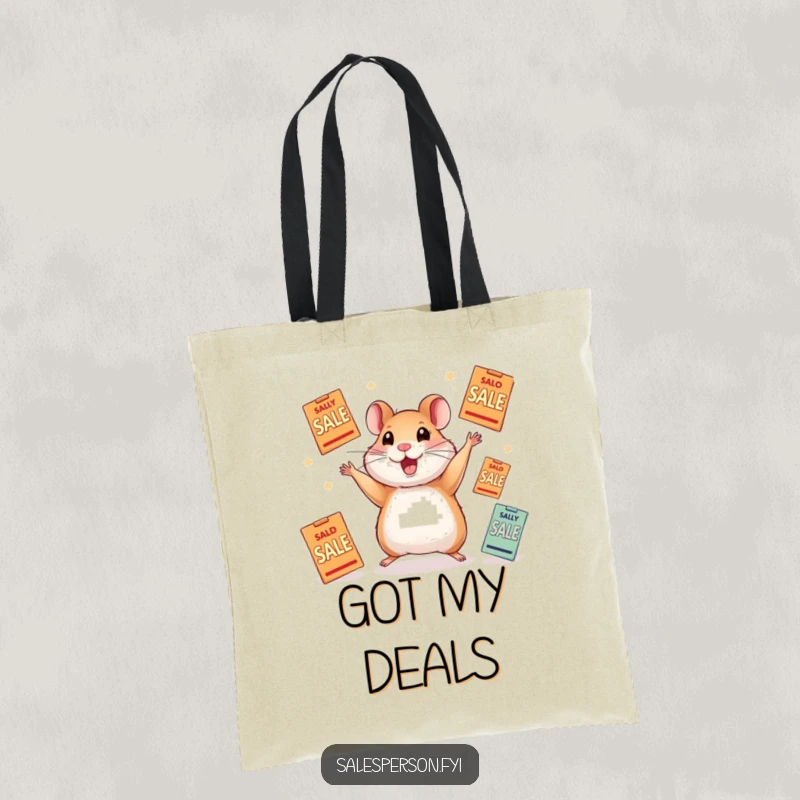 Funny tote bag with a cheerful hamster expertly juggling several sale flyers, symbolizing a successful shopping spree.