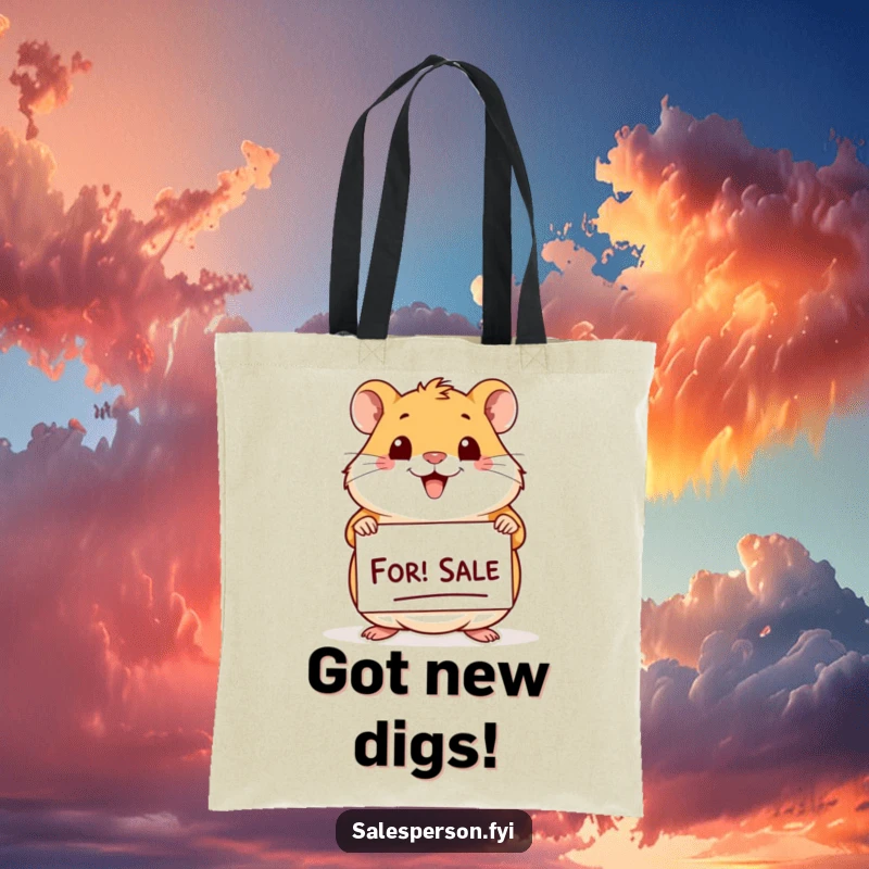 Funny Hamster For Sale Tote Bag: Cheerful hamster with a big smile holding a 'For Sale' sign, great gift.