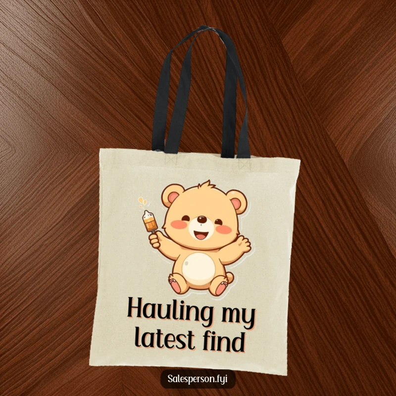 Funny tote bag featuring a happy bear cub enthusiastically demonstrating a product with a flourish, perfect for carrying essentials with style.