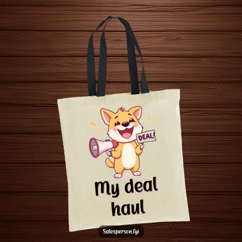 Funny Dog Deal Tote Bag: Happy dog excitedly announcing a deal with a megaphone, stylish accessory.