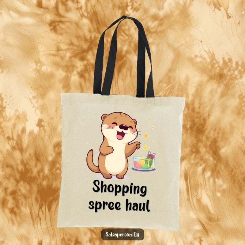 Funny otter tote bag depicting a playful animal pointing at sparkling goods, perfect for carrying shopping treasures humorously. Cute gift.