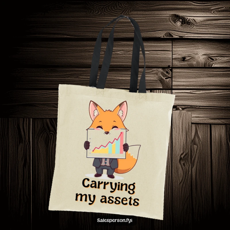 Funny tote bag with a fox in a suit holding a large, colorful upward graph, symbolizing financial success and wit.